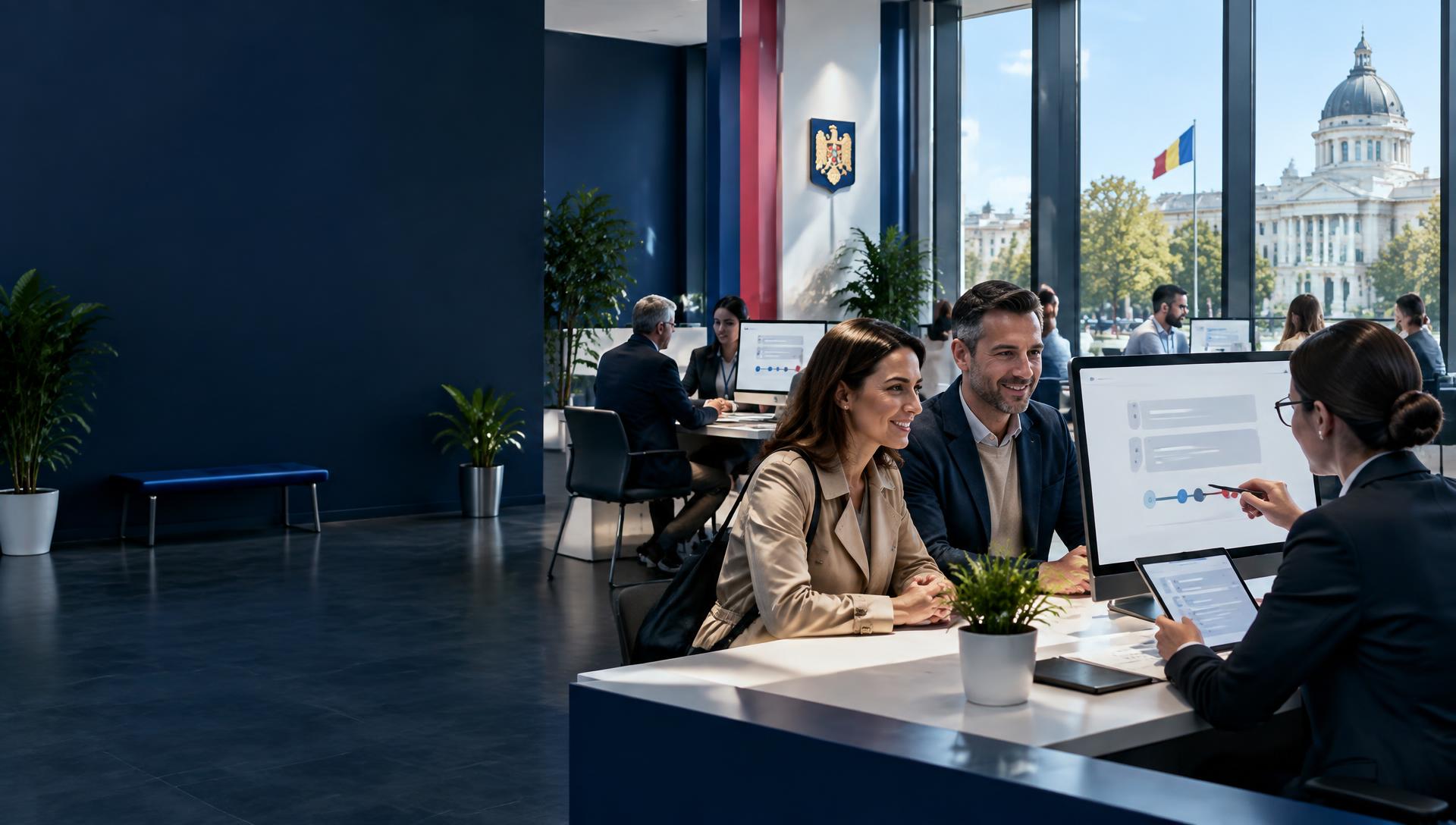 Cetățeni și specialiști folosesc servicii publice digitale într-un centru administrativ